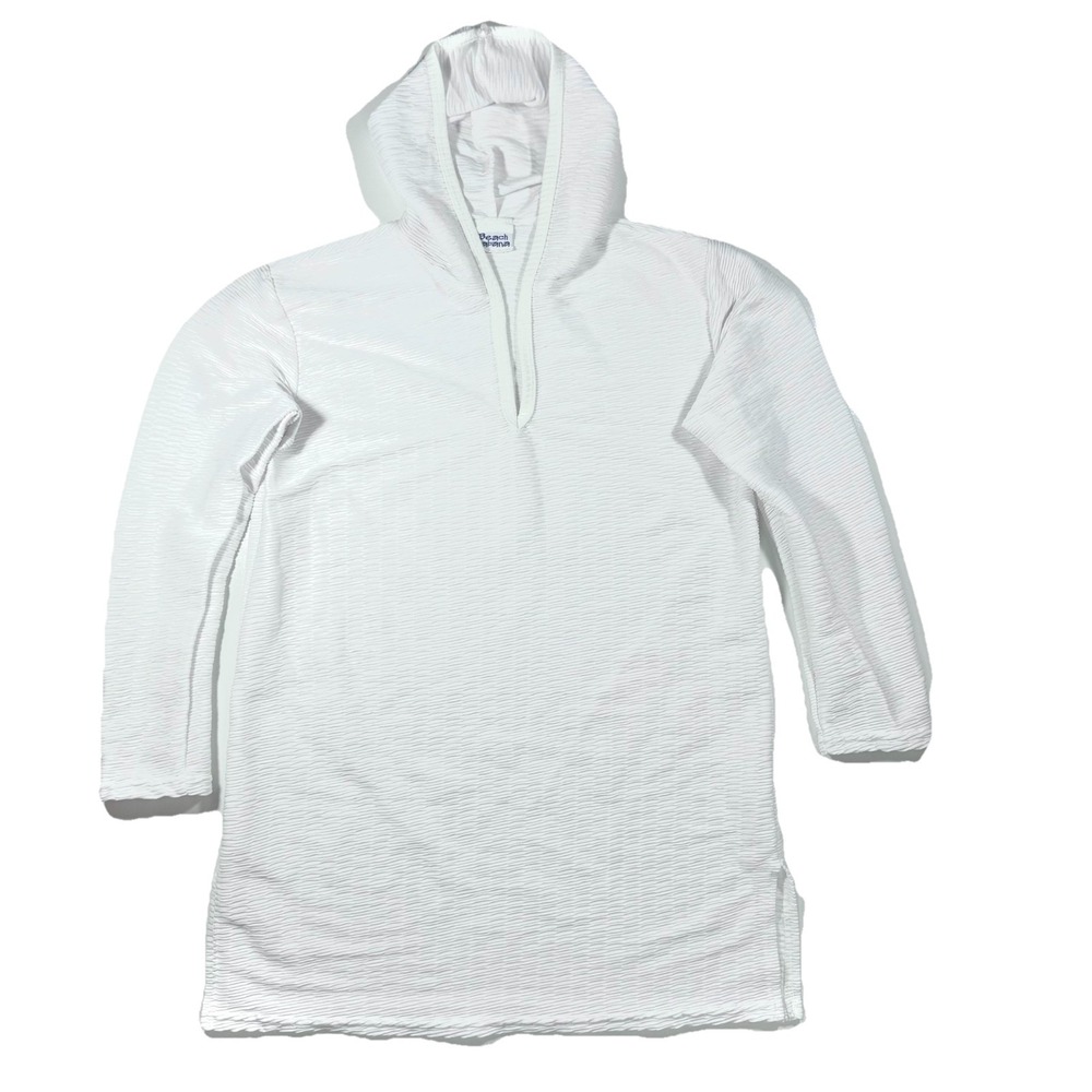 Beach Cabana Woman Hooded Tunic Cover-Up White Ribbed V-Neck Long Sleeve M